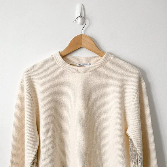 Zara Rhinestone Soft Knit Round Neck Sweater Ecru White  Size Medium NWT - Picture 6 of 14